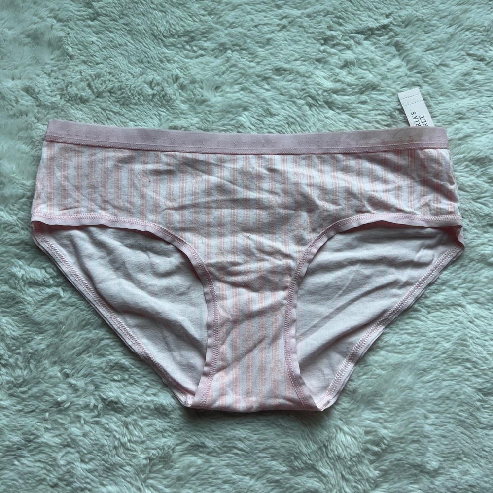 Victorias Secret Pink White Striped Hiphugger Panties Logo Waistband S 11244850